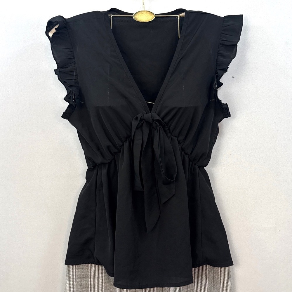 SHEIN Womens Black Ruffle Sleeve V-Neck Tie Front Peplum Blouse Top Size M 6